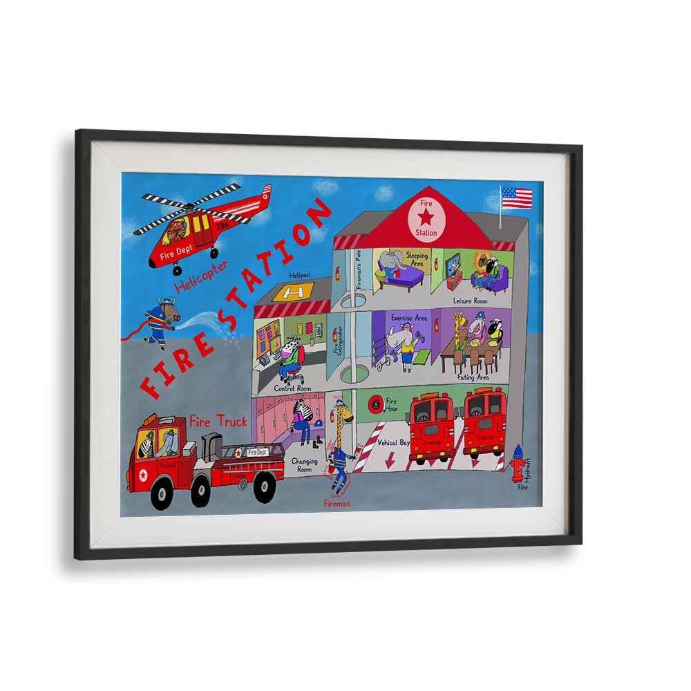 Firemen And The Fire Station By Carla Daly Kids Room Art in Black Frame With Mount