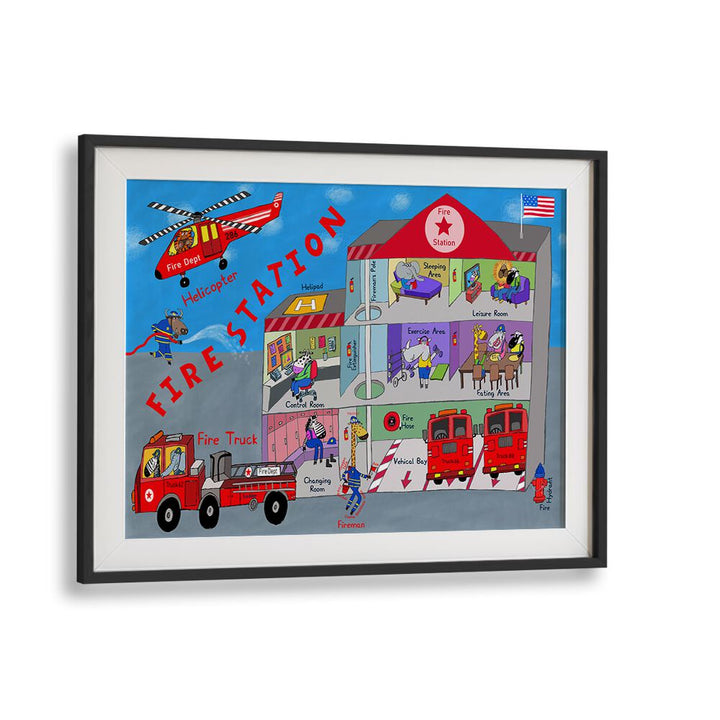 Firemen And The Fire Station By Carla Daly Kids Room Art in Black Frame With Mount