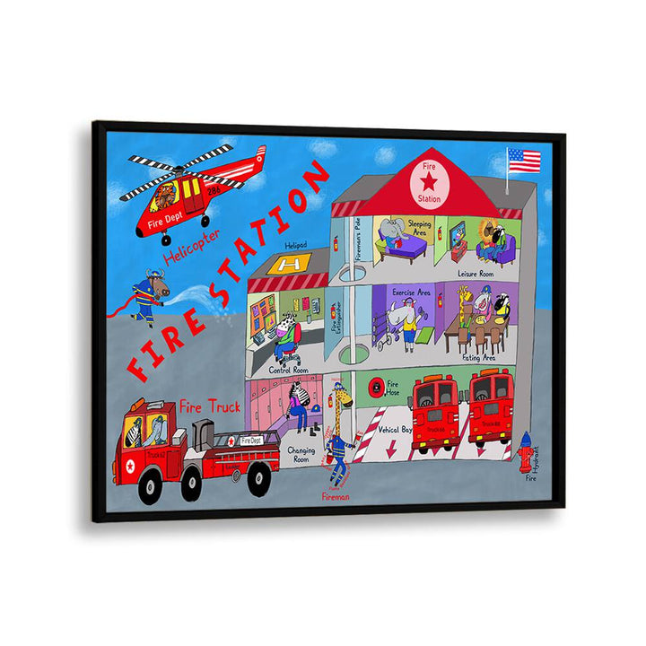 Firemen And The Fire Station By Carla Daly Kids Room Art in Black Plain Frame