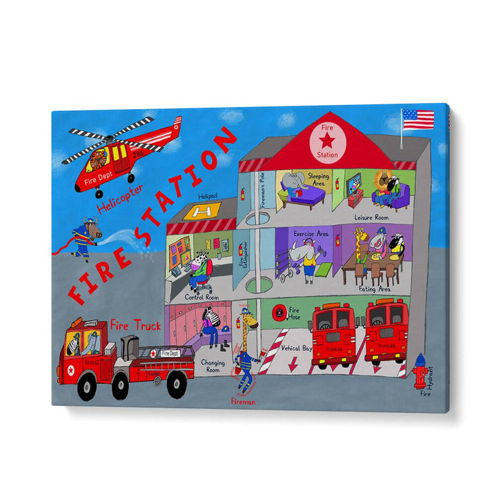 Firemen And The Fire Station By Carla Daly Kids Room Art in Gallery Wrap