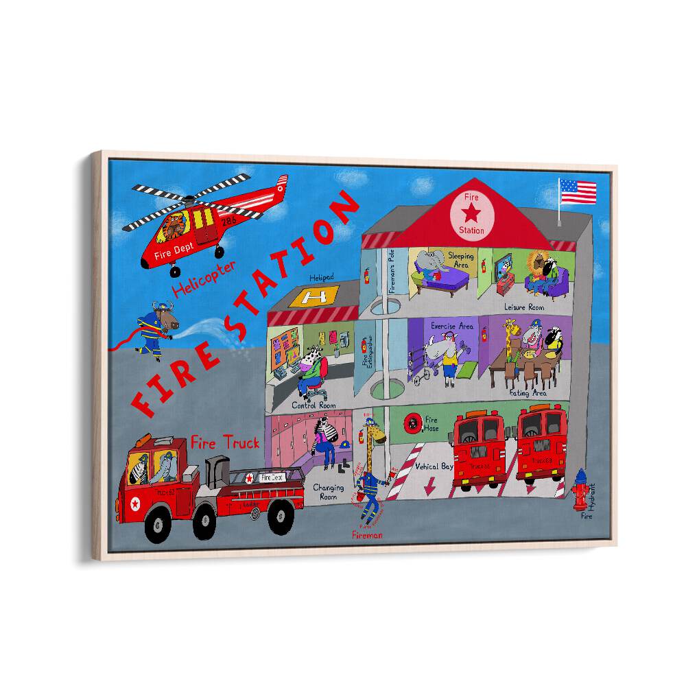 Firemen And The Fire Station By Carla Daly Kids Room Art in Oak Wood Floater Frame