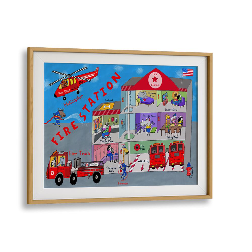 Firemen And The Fire Station By Carla Daly Kids Room Art in Oak Wood Frame With Mount