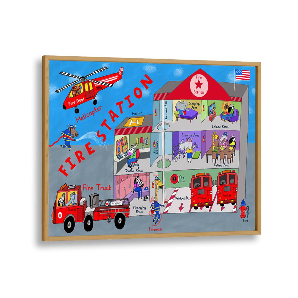 Firemen And The Fire Station By Carla Daly Kids Room Art in Oak Wood Plain Frame