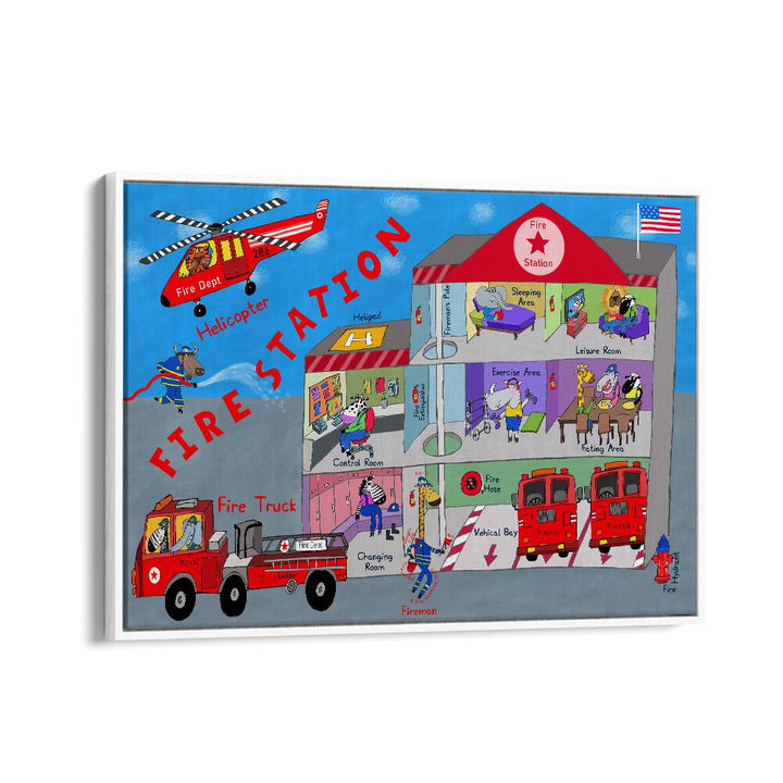 Firemen And The Fire Station By Carla Daly Kids Room Art in White Floater Frame