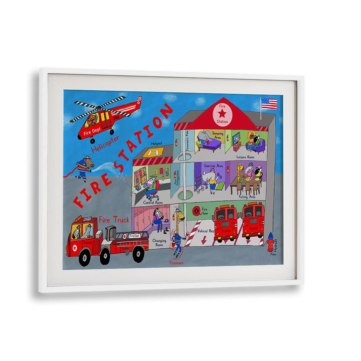 Firemen And The Fire Station By Carla Daly Kids Room Art in White Frame With Mount