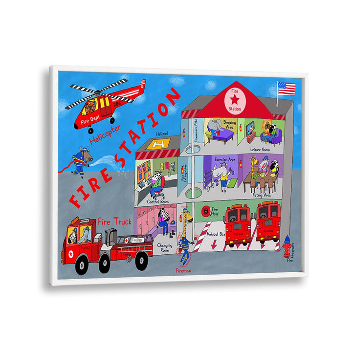 Firemen And The Fire Station By Carla Daly Kids Room Art in White Plain Frame