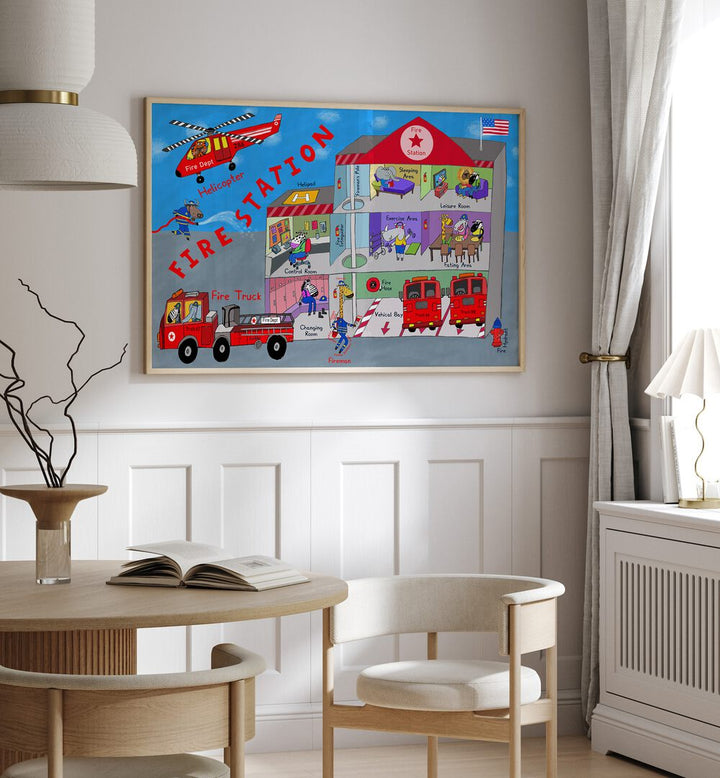 Firemen And The Fire Station By Carla Daly Kids Room Art placed on a wall 