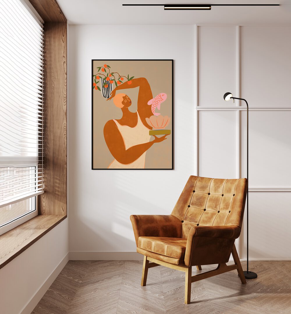 Fish And Oranges By Arty Guava Wall Art Prints in Black Plain Frame placed on a Cream Colored Wall in the Drawing Room