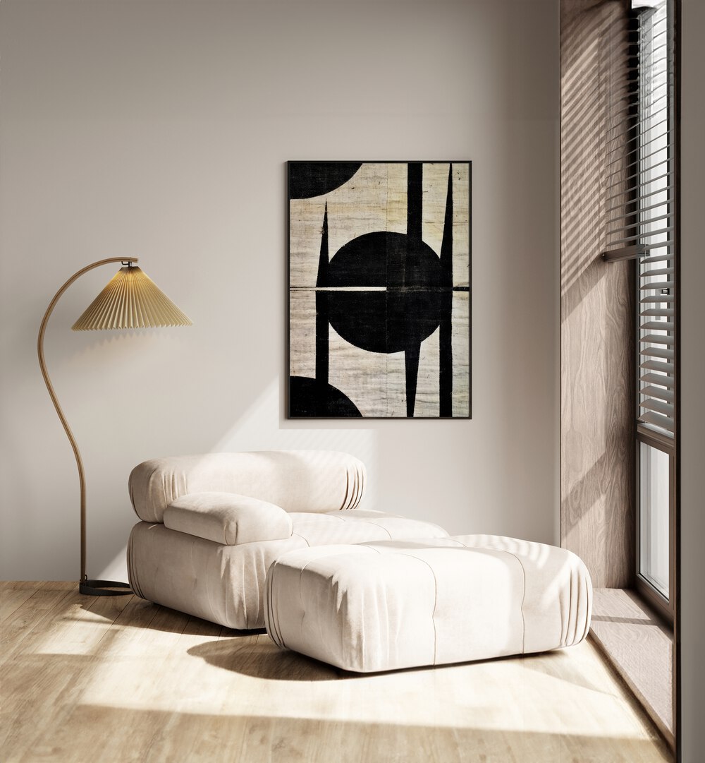 Fixed Circle By Treechild Abstract Paintings in Black Plain Frame placed on a Cream Colored Wall in the Drawing Room