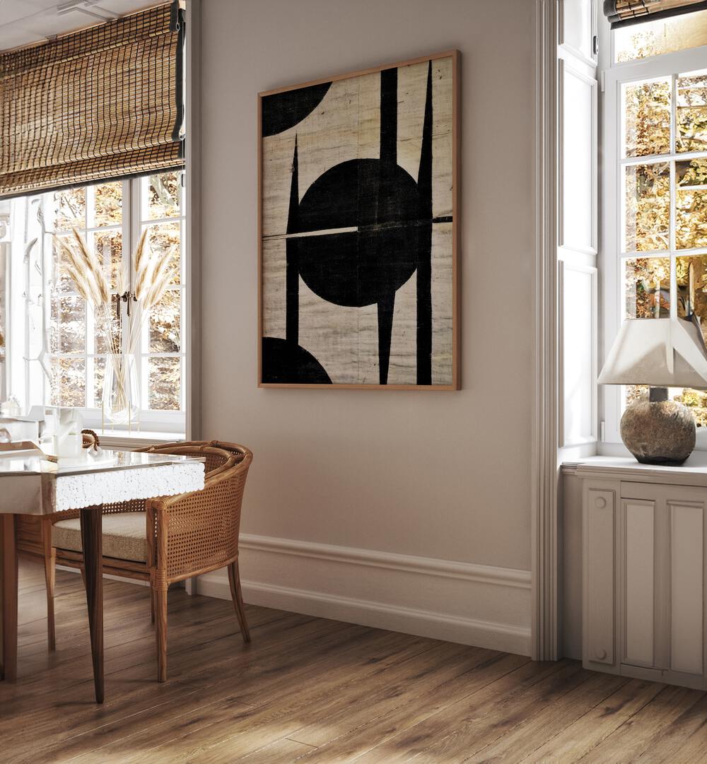 Fixed Circle By Treechild Abstract Paintings in Oak Wood Plain Frame placed on a White Colored Wall near a Dining Table in the Dining Room