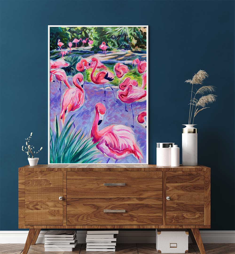 FLAMBOYANCE , ANIMAL PAINTINGS vibrant flamingo acrylic canvas with bold brushstrokes displayed above a midcentury wood console
