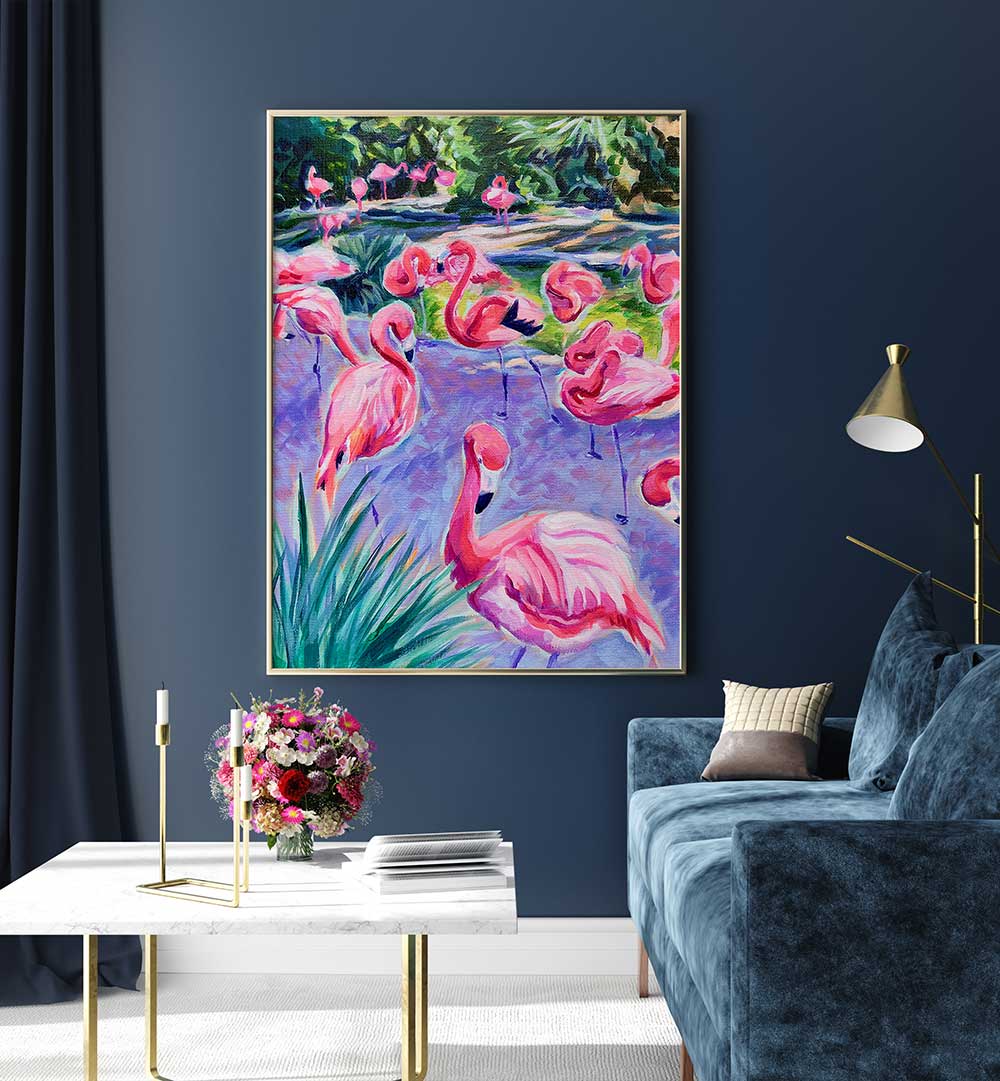 FLAMBOYANCE , ANIMAL PAINTINGS flamingo acrylics with bold brushstrokes, framed over navy sofa in modern living room