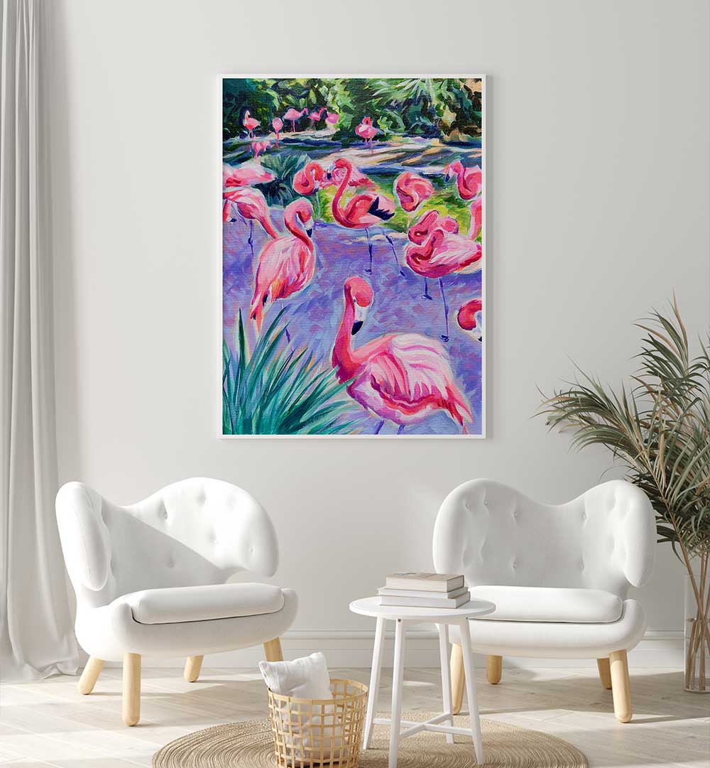 FLAMBOYANCE , ANIMAL PAINTINGS vibrant flamingo acrylic painting displayed in a modern living room