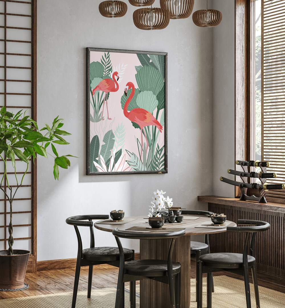 Flamingo Dreams By Goed Blauw Kids Room Paintings Kids Room Wall Art in Dark Wood Plain Frame placed on a White Colored Wall near a Coffee Table in the Dining Room