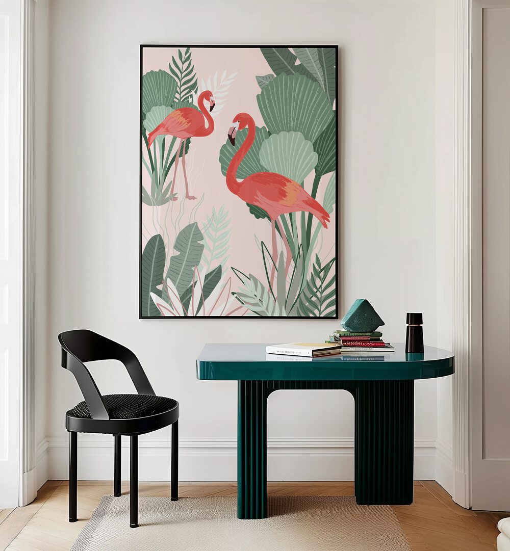 Flamingo Dreams By Goed Blauw Kids Room Paintings Kids Room Wall Art in Black Plain Frame placed on a Cream Colored Wall above a Table in the Drawing Room