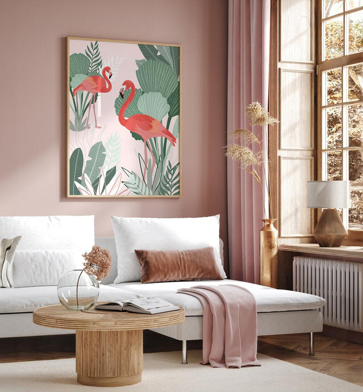 Flamingo Dreams By Goed Blauw Kids Room Paintings Kids Room Wall Art in Oak Wood Plain Frame placed on a Pink Colored Wall  near a White Sofa in the Living Room