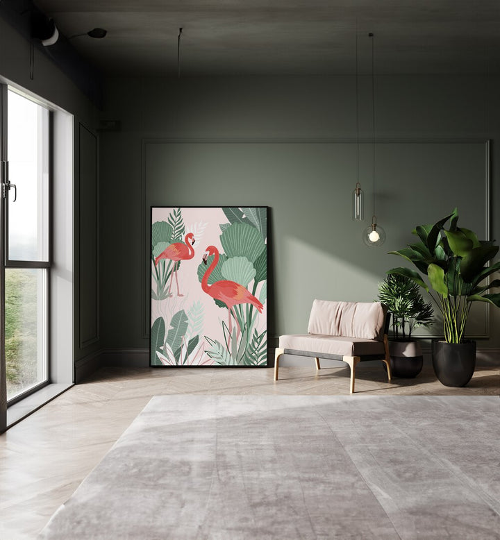 Flamingo Dreams By Goed Blauw Kids Room Paintings Kids Room Wall Art in Black Plain Frame placed on the floor near a Green Colored Wall in the Drawing Room