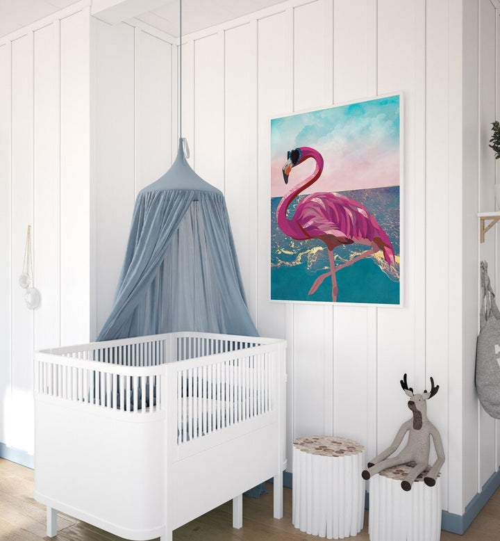 Flamingo Goes to the Beach By Sarah Manovski Wildlife Paintings placed on wall 