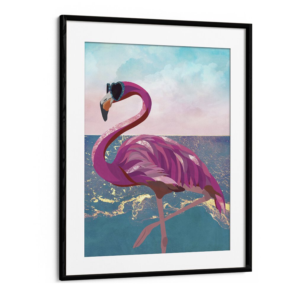 Flamingo Goes to the Beach By Sarah Manovski Wildlife Paintings in Black Frame With Mount