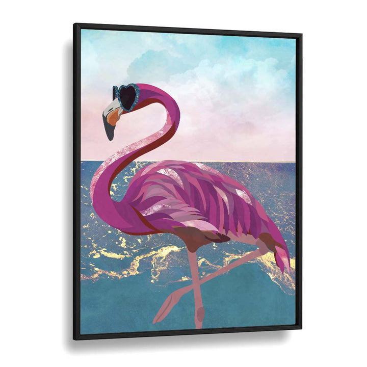 Flamingo Goes to the Beach By Sarah Manovski Wildlife Paintings in Black Plain Frame