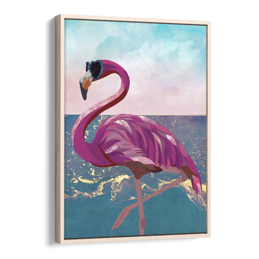 Flamingo Goes to the Beach By Sarah Manovski Wildlife Paintings in Oak Wood Floater Frame