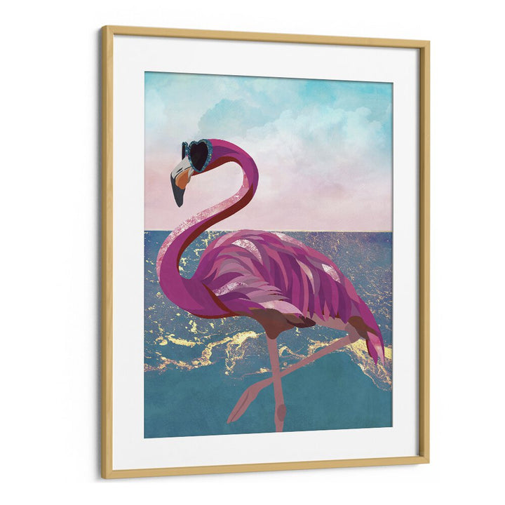 Flamingo Goes to the Beach By Sarah Manovski Wildlife Paintings in Oak Wood Frame With Mount