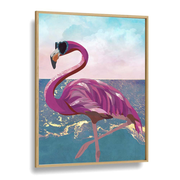 Flamingo Goes to the Beach By Sarah Manovski Wildlife Paintings in Oak Wood Plain Frame