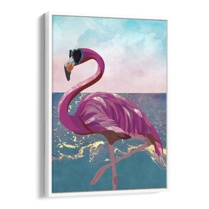 Flamingo Goes to the Beach By Sarah Manovski Wildlife Paintings in White Floater Frame