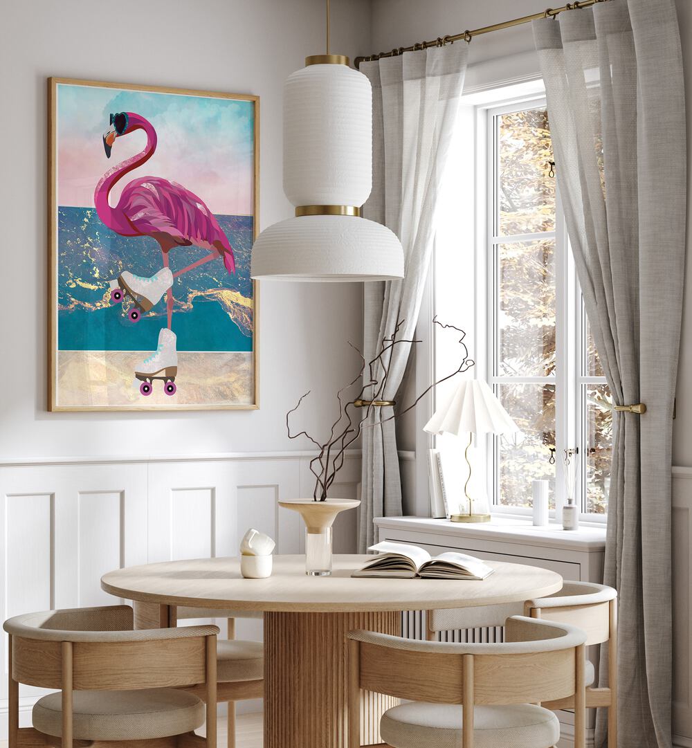 Flamingo Rollerskating On The Beach By Sarah Manovski Wildlife Painting placed on wall 