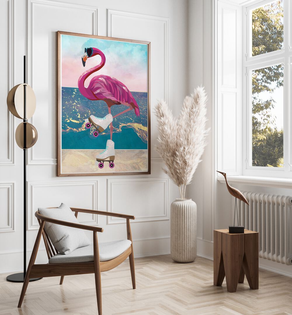 Flamingo Rollerskating On The Beach By Sarah Manovski Wildlife Painting placed on wall 