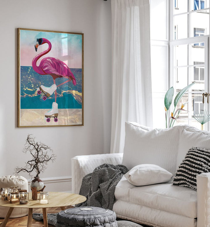 Flamingo Rollerskating On The Beach By Sarah Manovski Wildlife Painting placed on wall 