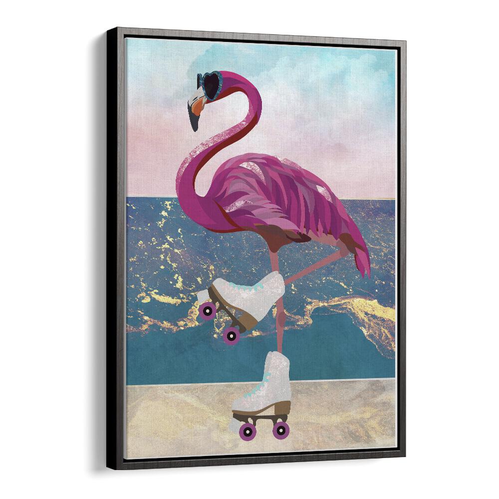 Flamingo Rollerskating On The Beach By Sarah Manovski Wildlife Painting in Black Floater Frame