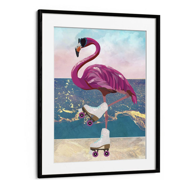 Flamingo Rollerskating On The Beach By Sarah Manovski Wildlife Painting in Black Frame With Mount