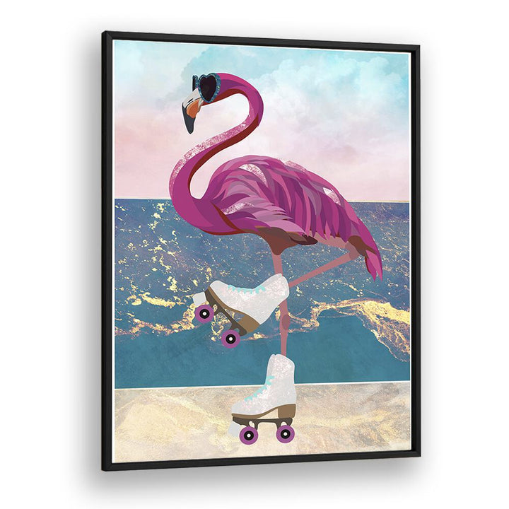 Flamingo Rollerskating On The Beach By Sarah Manovski Wildlife Painting in Black Plain Frame