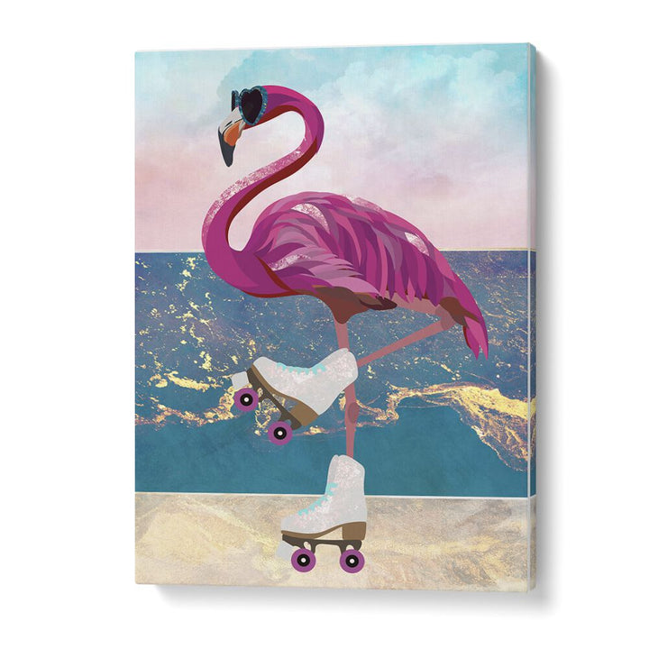 Flamingo Rollerskating On The Beach By Sarah Manovski Wildlife Painting in Gallery Wrap