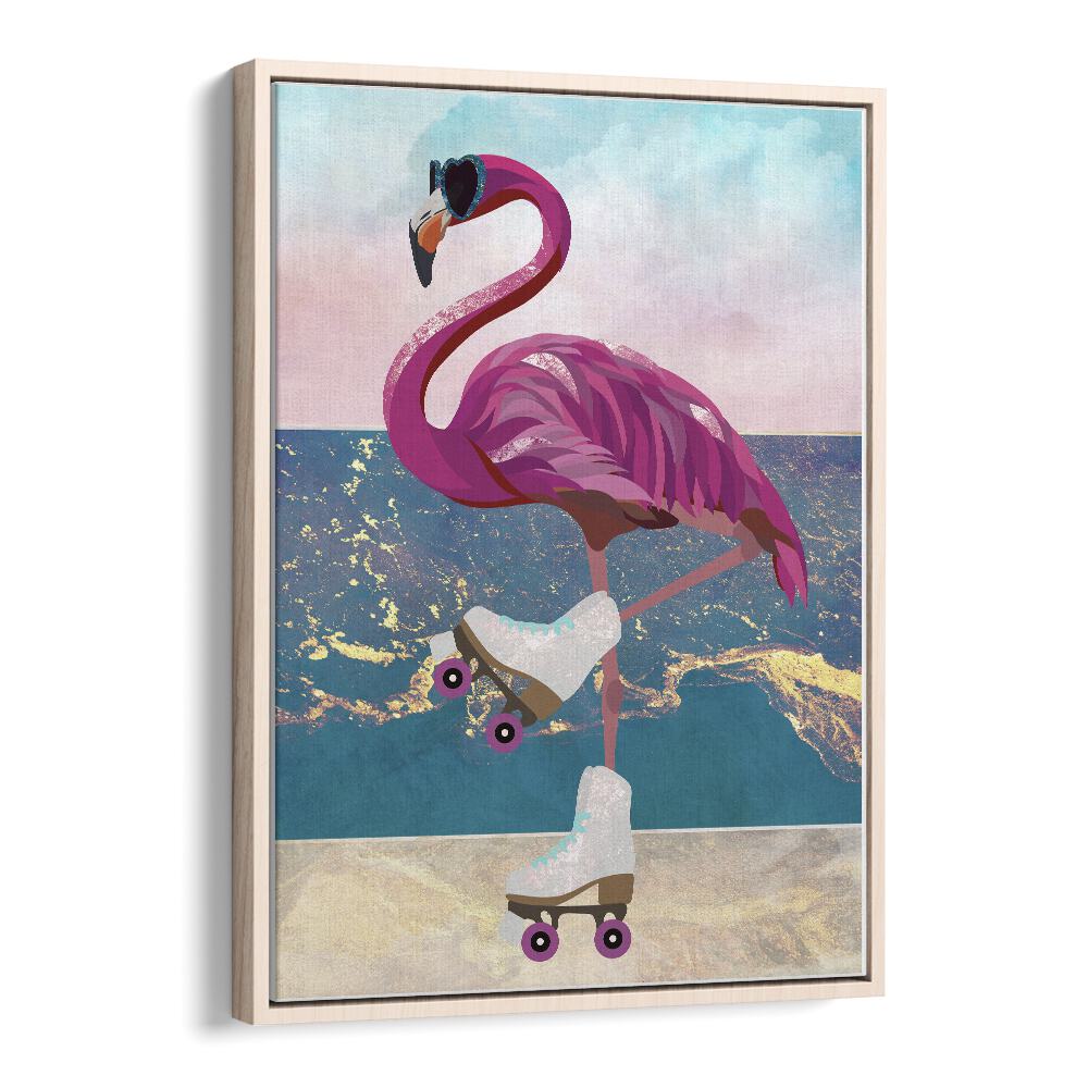 Flamingo Rollerskating On The Beach By Sarah Manovski Wildlife Painting in Oak Wood Floater Frame