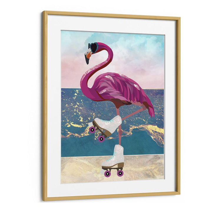 Flamingo Rollerskating On The Beach By Sarah Manovski Wildlife Painting in Oak Wood Frame With Mount