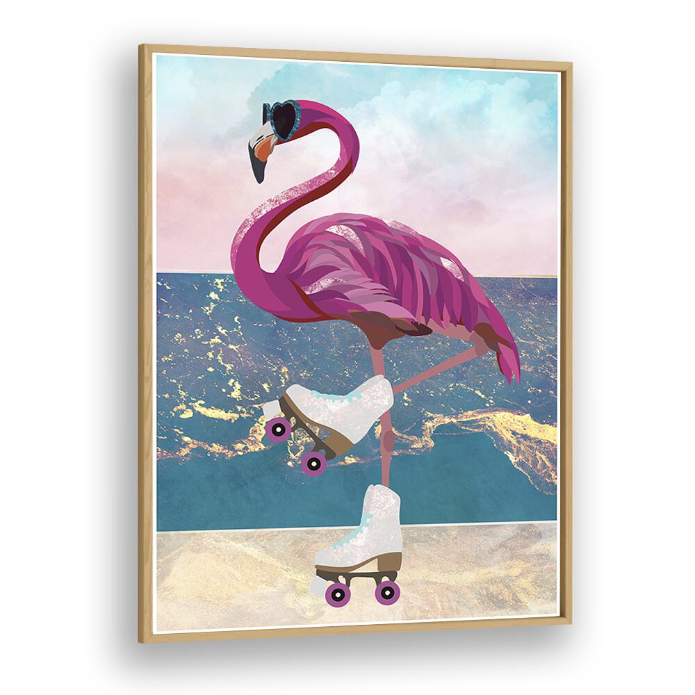 Flamingo Rollerskating On The Beach By Sarah Manovski Wildlife Painting in Oak Wood Plain Frame