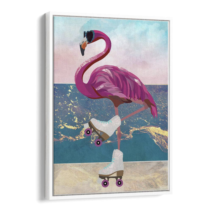 Flamingo Rollerskating On The Beach By Sarah Manovski Wildlife Painting in White Floater Frame