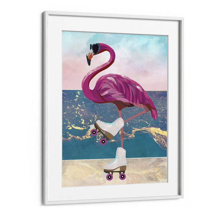 Flamingo Rollerskating On The Beach By Sarah Manovski Wildlife Painting in White Frame With Mount