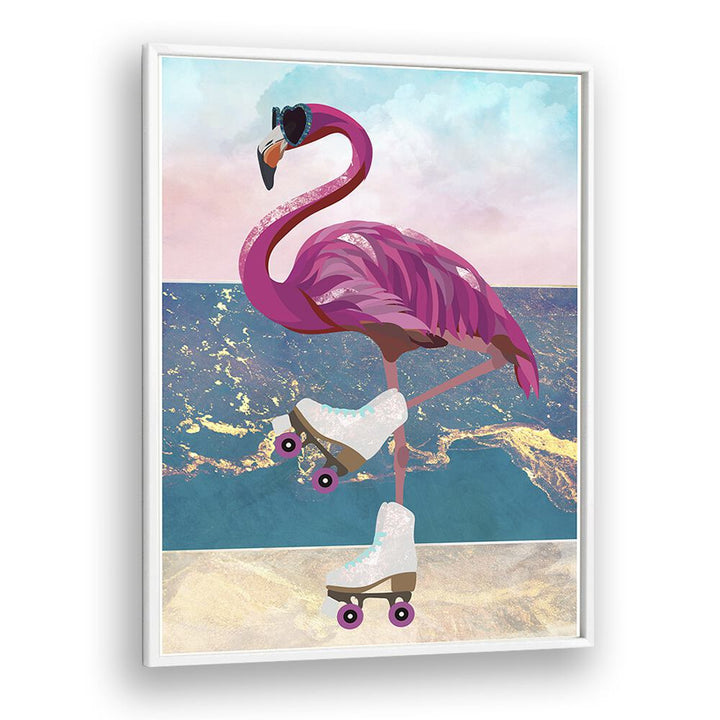 Flamingo Rollerskating On The Beach By Sarah Manovski Wildlife Painting in White Plain Frame