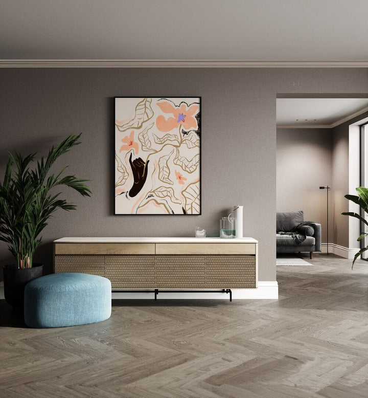 Fleur By Arty Guava Wall Art Prints in Black Plain Frame placed on a Beige Colored Wall above a Console Table in the Drawing Room