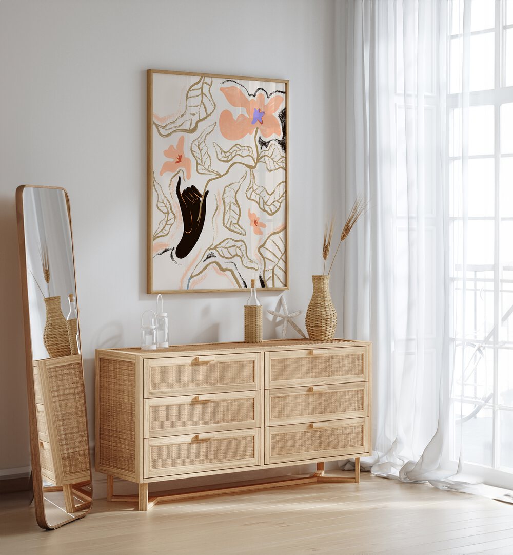 Fleur By Arty Guava Wall Art Prints in Oak Wood Plain Frame placed on a White Colored Wall above a Console Table in the Drawing Room 