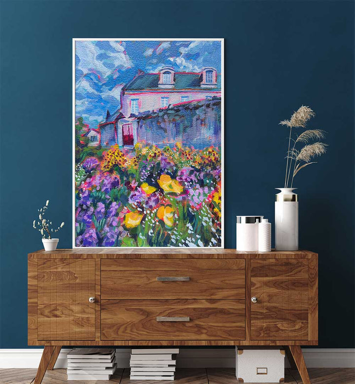 FLEURS , LANDSCAPE PAINTINGS vibrant floral meadow with cottage, rolling hills and misty morning sky for serene decor