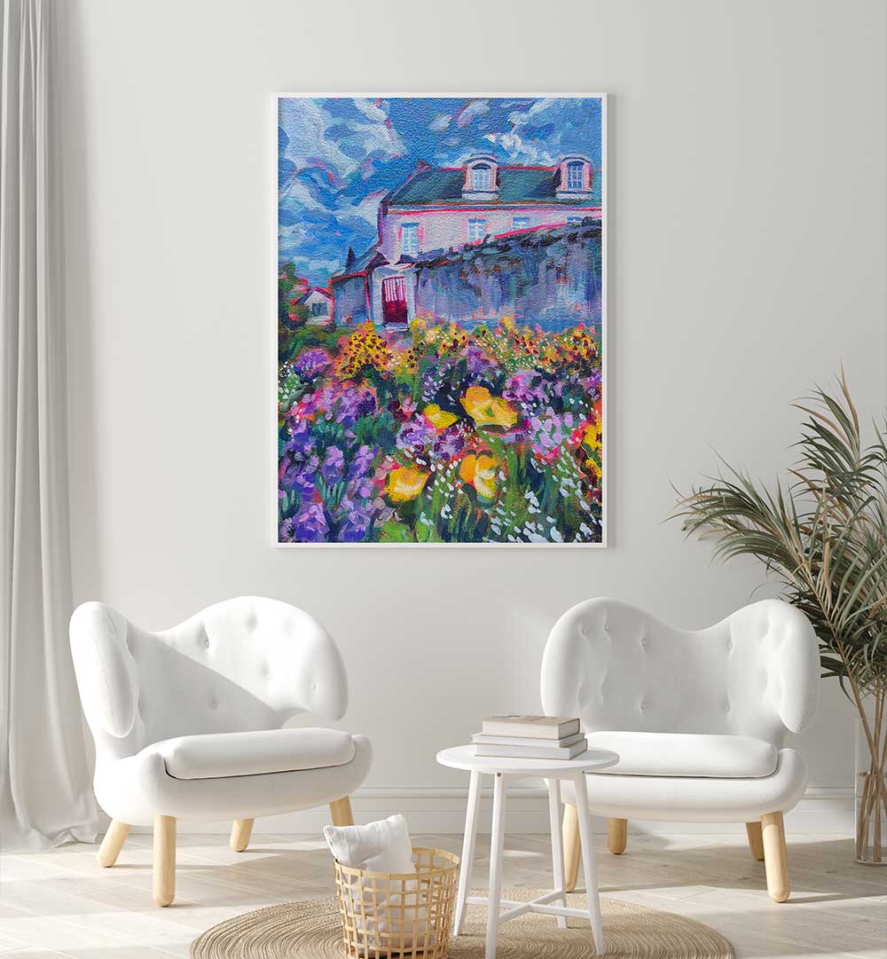 FLEURS , LANDSCAPE PAINTINGS showing vibrant cottage and blooming meadow above white chairs in a modern living room
