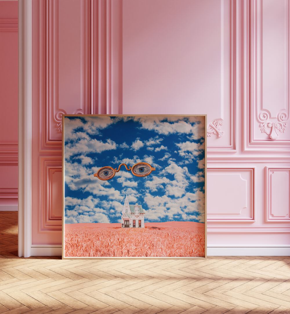 Floating Glasses By Cosmo Zach Surreal Art Prints Surrealism in Oak Wood Plain Frame placed on a floor beside a window