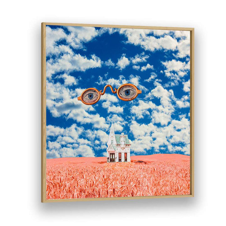 Floating Glasses By Cosmo Zach Surreal Art Prints Surrealism in Oak Wood Plain Frame