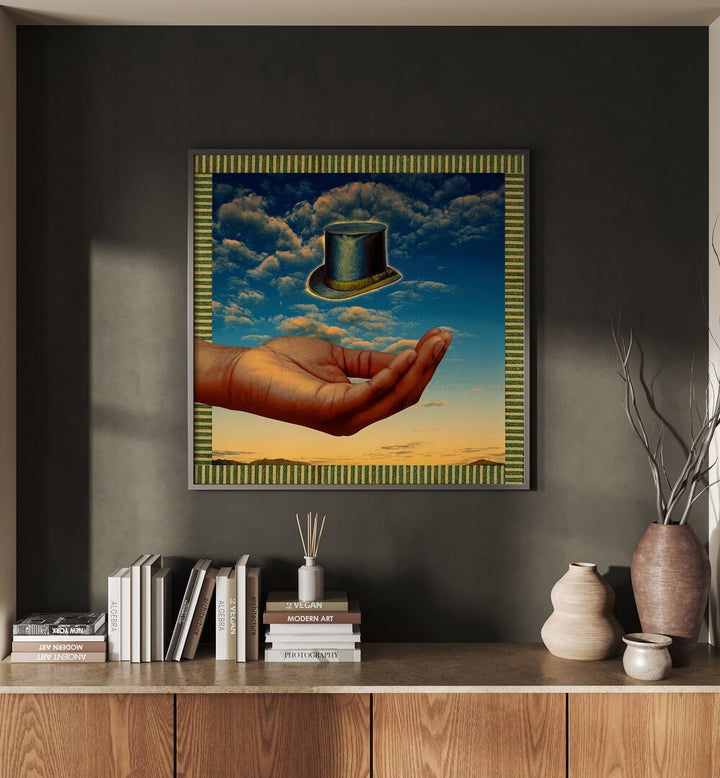 Floating Hat By Cosmo Zach Surreal Art Prints Surrealism in Black Plain Frame placed on a wall behind a table