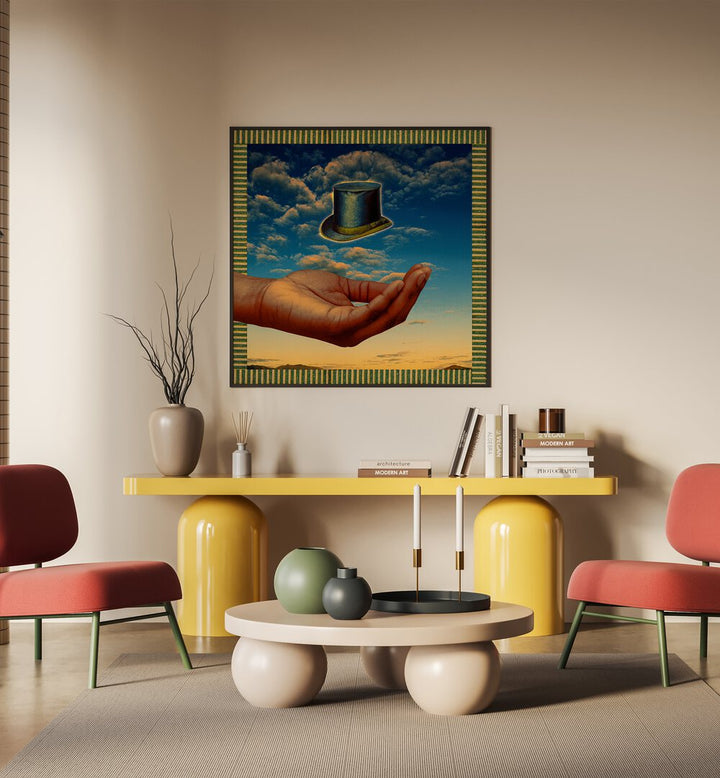 Floating Hat By Cosmo Zach Surreal Art Prints Surrealism in Black Plain Frame placed on a wall behind a table