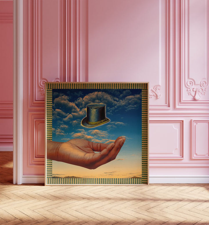 Floating Hat By Cosmo Zach Surreal Art Prints Surrealism in Oak Wood Plain Frame placed on a floor beside a window